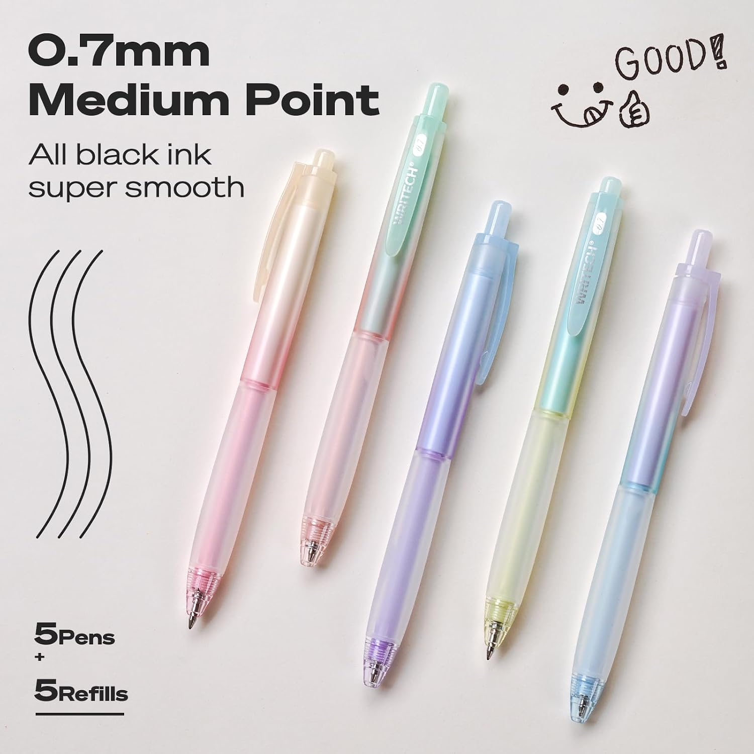 WRITECH Retractable Gel Ink Pens: 0.7mm Fine Point Black-Ink Aesthetic Gradient Color Barrel Soft Grip Medium Point Pen 5ct with 5 Refills for Journaling Smooth Writing Quick-dry No Bleed